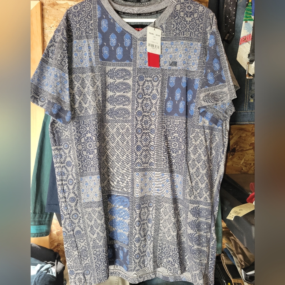 Men's Blue Patterned V Neck T Shirt XL